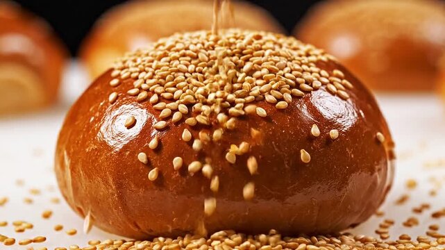 Golden-brown bread bun freshly garnished with a generous sprinkle of toasted sesame seeds falling onto its rich, appealing surface