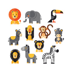 Naklejka premium Collection of various cartoon wild animals including lions, elephants, and zebras in a playful illustration
