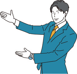 大手を振って紹介をする男性ビジネスマンのイラスト素材