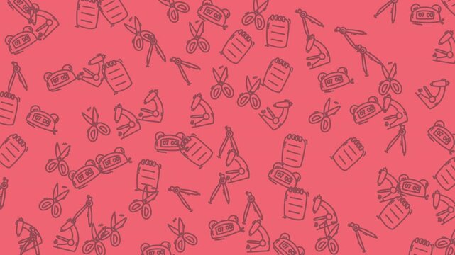 Scattered doodle pattern depicts school supplies on pink background. Suitable for educational materials, stationery products, desktop wallpapers, digital backgrounds.
