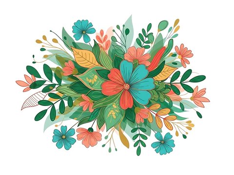 Colorful floral composition with outlined blooms and vibrant folliage