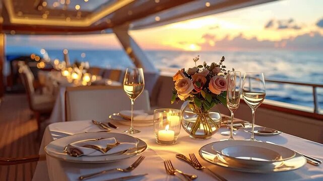Elegant table setting on a yacht with sunset and ocean background.