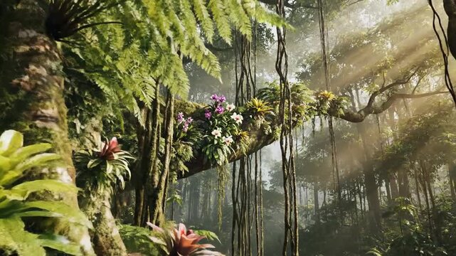 Misty tropical forest scene with lush greenery, vibrant flowers, and sunbeams filtering through trees, creating a serene and natural atmosphere.