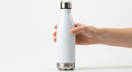Hand holding white water bottle