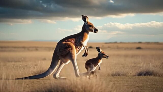 Mother kangaroo and joey exploring Australian outback landscape