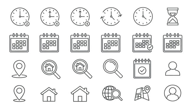 A collection of time management and scheduling related line icons displaying clocks calendars and location symbols