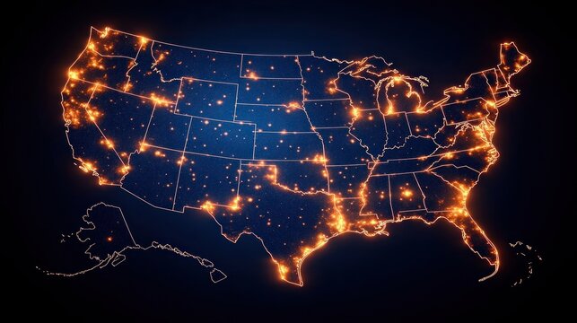Glowing map of the United States highlighting state borders and bright clusters representing major cities and population centers at night