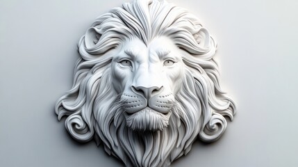 Obraz premium white sculpted lion head relief with flowing detailed mane and calm regal expression as an ornate carved wall decoration