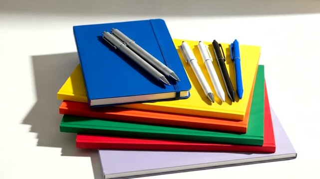 Colorful stack of notebooks with pens and pencils on white background.