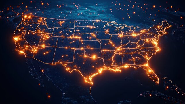 Glowing illuminated map of the United States at night showing bright city lights and state borders