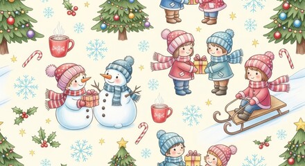 Fototapeta premium Cheerful winter scene featuring children and snowmen enjoying seasonal activities across a repeating pattern