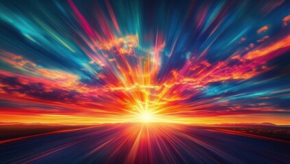Obraz premium Radiant sunrise over a distant horizon with streaking colorful clouds and dynamic light rays evoking awe and hope