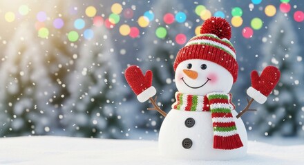 Obraz premium Cheerful snowman wearing knitted winter accessories stands outdoors amidst falling snow and bright holiday lights