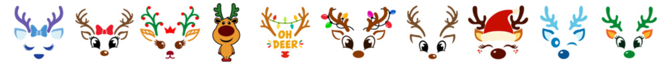Christmas reindeer faces bundle. Rudolph heads with Santa hat, lights, bows and candy canes, set © OS
