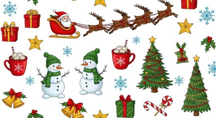 Various colorful holiday elements are scattered across a bright white background in a festive pattern arrangement.