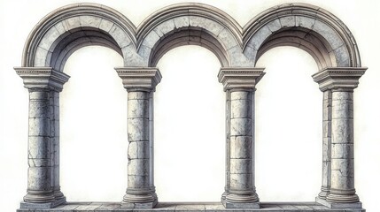 Naklejka premium Three large, weathered stone arches supported by robust columns with visible cracks standing on a tiled stone floor against a plain white background