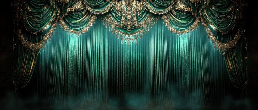 opulent emerald theater curtains with gold ornate swags and tassels, heavy velvet folds lit by spotlights and stage mist evoking dramatic anticipation