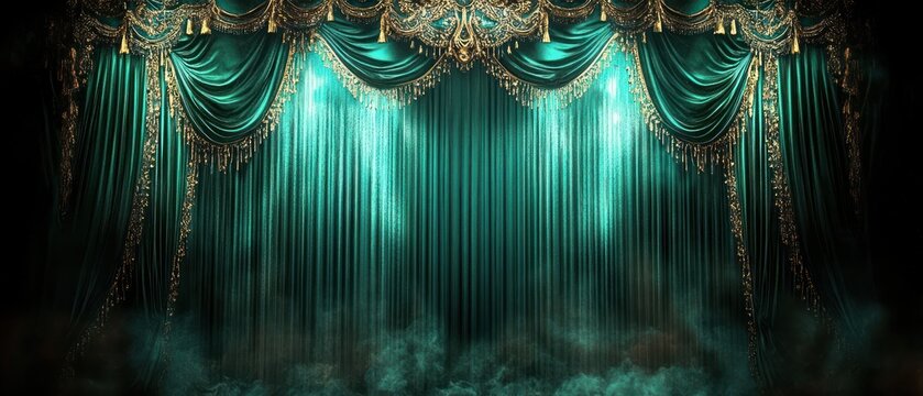 luxurious emerald green theater curtains with ornate gold valances and tassels, pleated velvet drapery and fog-lit stage evoking a dramatic, mysterious atmosphere