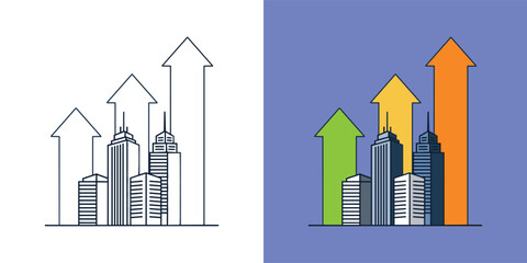 Fototapeta premium Cityscape illustrations depicting growth and progress with rising arrows and skyscrapers