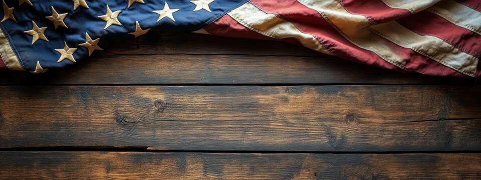 Worn american flag draped across dark weathered wooden table evoking nostalgia and solemn patriotism
