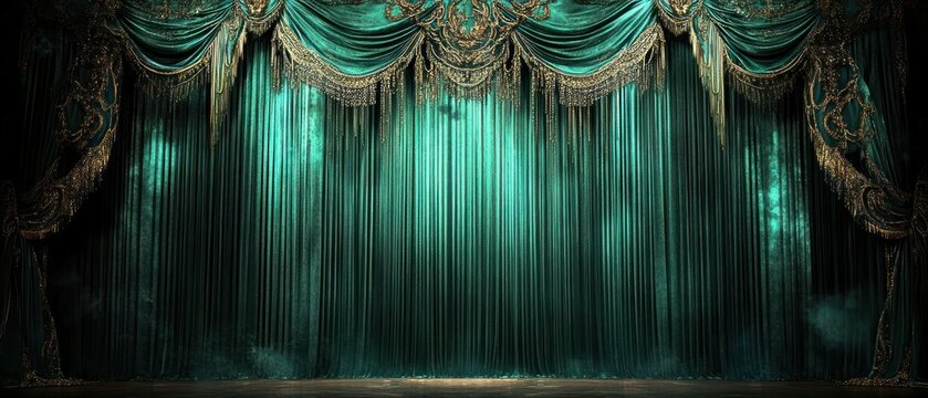 Ornate emerald green velvet theater curtains with gold tassels and fringe framing an empty wooden stage, moody dramatic atmosphere of anticipation
