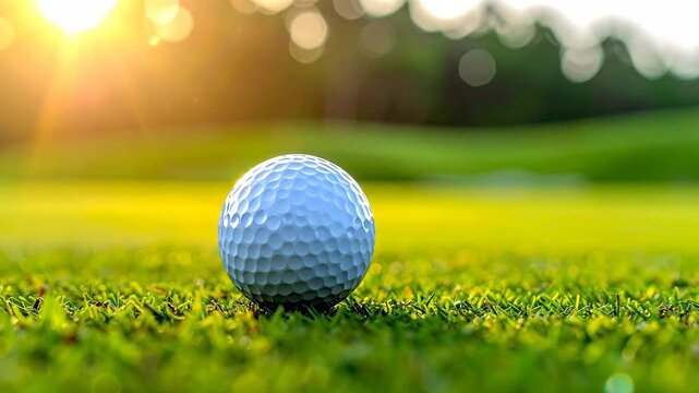 A golf ball resting on vibrant green grass with a beautiful, natural, sunlit glow.