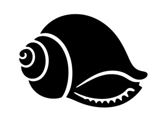 Fototapeta premium A minimalist black seashell silhouette featuring a spiral conch shell design. This flat vector illustration of a marine mollusk is isolated on transparent background.