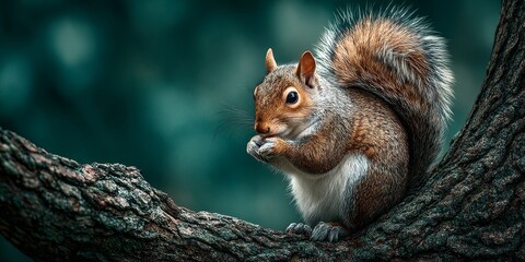 Obraz premium Brown squirrel perched on dark tree branch holding food, curled tail, autumn forest background, mottled light, peaceful natural woodland scene, alert wildlife behavior