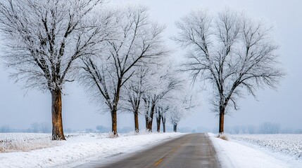 Obraz premium Beautiful winter landscape, snow-covered trees, snowy road, tree-lined path, white nature, sky background with crisp snow details and serene cold-weather scenic setting