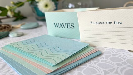 Beautiful pastel cards with waves design and inspirational quote about respect for flow in a creative workspace setting