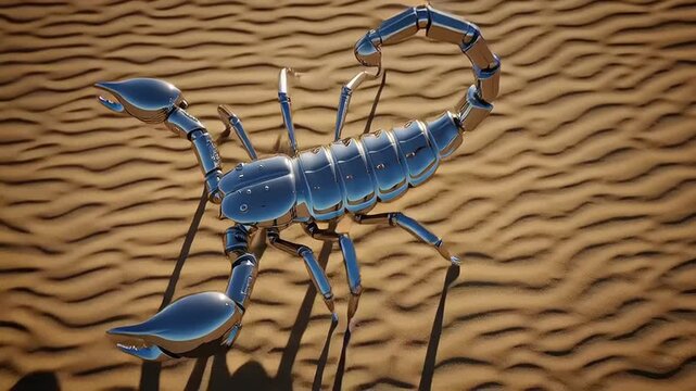 Metallic Scorpion in Desert Dunes at Sunset.