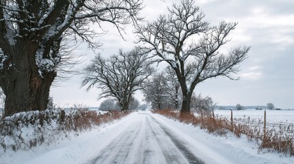 Beautiful winter landscape, snow-covered trees, snowy road, tree-lined path, white nature, sky background with crisp snow details and serene cold-weather scenic setting