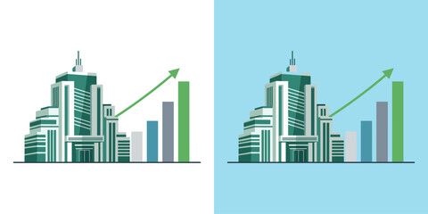 Fototapeta premium Cityscape Illustration Featuring Modern Buildings and Rising Financial Graphs in a Dual-Colored Background