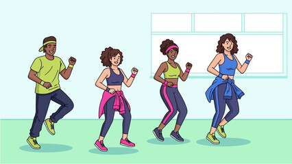 Obraz premium Four diverse people smiling and exercising together in a fitness class, wearing athletic attire and headbands, moving in unison.