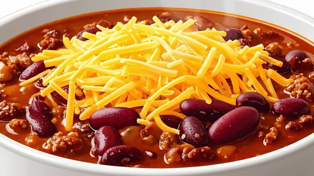 Delicious bowl of chili with kidney beans and shredded cheddar cheese.