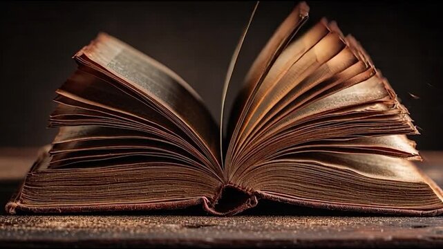 Old Leather Bound Book Open on Table.