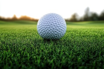 Fototapeta premium Close-up of a golf ball resting on vibrant green fairway grass at sunrise with soft golden light and a peaceful, focused mood