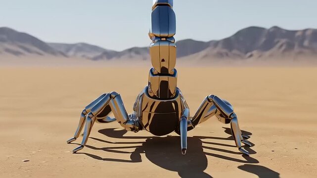 Metallic Scorpion Robot in Desert Landscape.