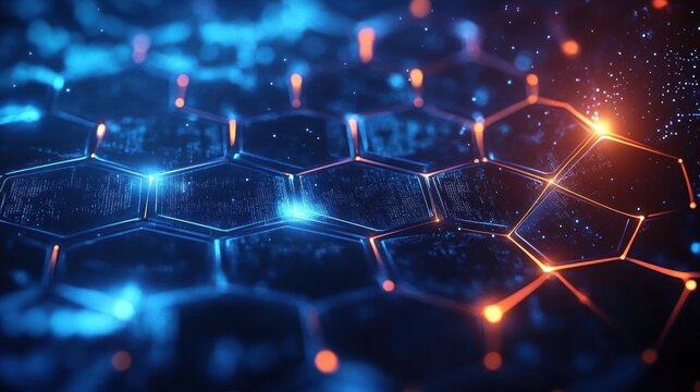 Futuristic digital hexagonal grid glowing with blue and orange lights representing advanced technology and interconnected data systems