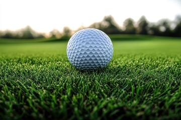 Obraz premium Close-up of a white golf ball resting on lush green grass on a golf course at dawn, evoking calm focus and quiet anticipation