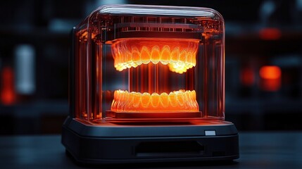Obraz premium Glowing orange dental arches suspended inside a transparent enclosure on a dark sleek base, futuristic clinical and eerie atmosphere