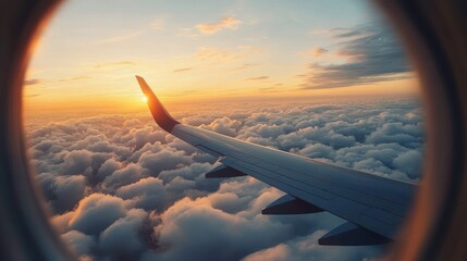 Fototapeta premium view through airplane window of wing over a golden sea of clouds at sunset, peaceful and awe-inspiring