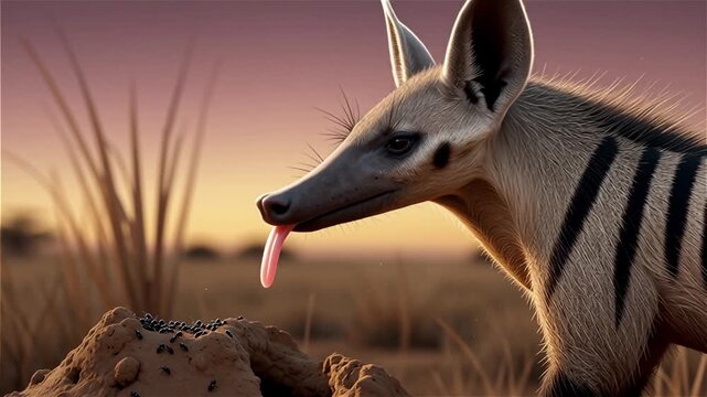 AI-Generated Detailed Close Up of an Aardwolf Hunting Termites in Natural Savanna Habitat