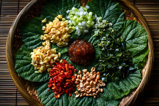 Detailed Top-Down Shot of Traditional Miang Kham Ingredients on Green Leaves in a Rustic Tray
