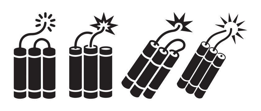 Dynamite Sticks Icon Set, Exploding Fuse, Danger Symbol, Isolated on White Background.