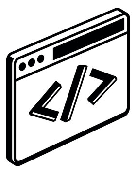 Bold line art illustration of a browser window depicting programming code for software development