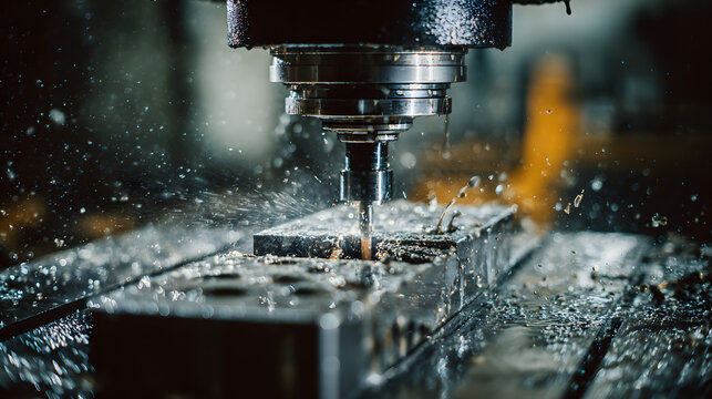 Close-Up View of CNC Milling Machine Cutting Metal with Water Spray and Shavings in Industrial Setting