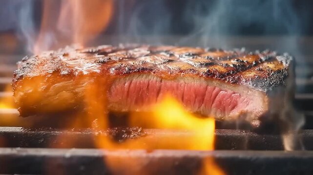 Sizzling close-up of a juicy beef steak being grilled over intense open flames on a hot bbq grate showcasing perfect medium-rare doneness and a crispy sear.