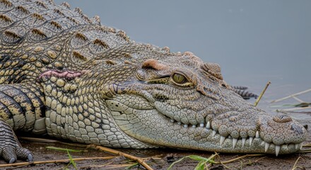 Obraz premium A close-up of a crocodile resting on the ground near water, with a focus on its detailed scales and sharp teeth.
