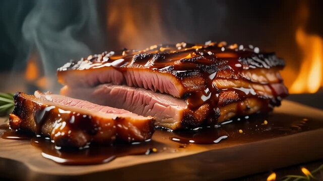 Succulent bbq brisket slices glazed with sauce served hot on a wooden cutting board with dramatic fire background